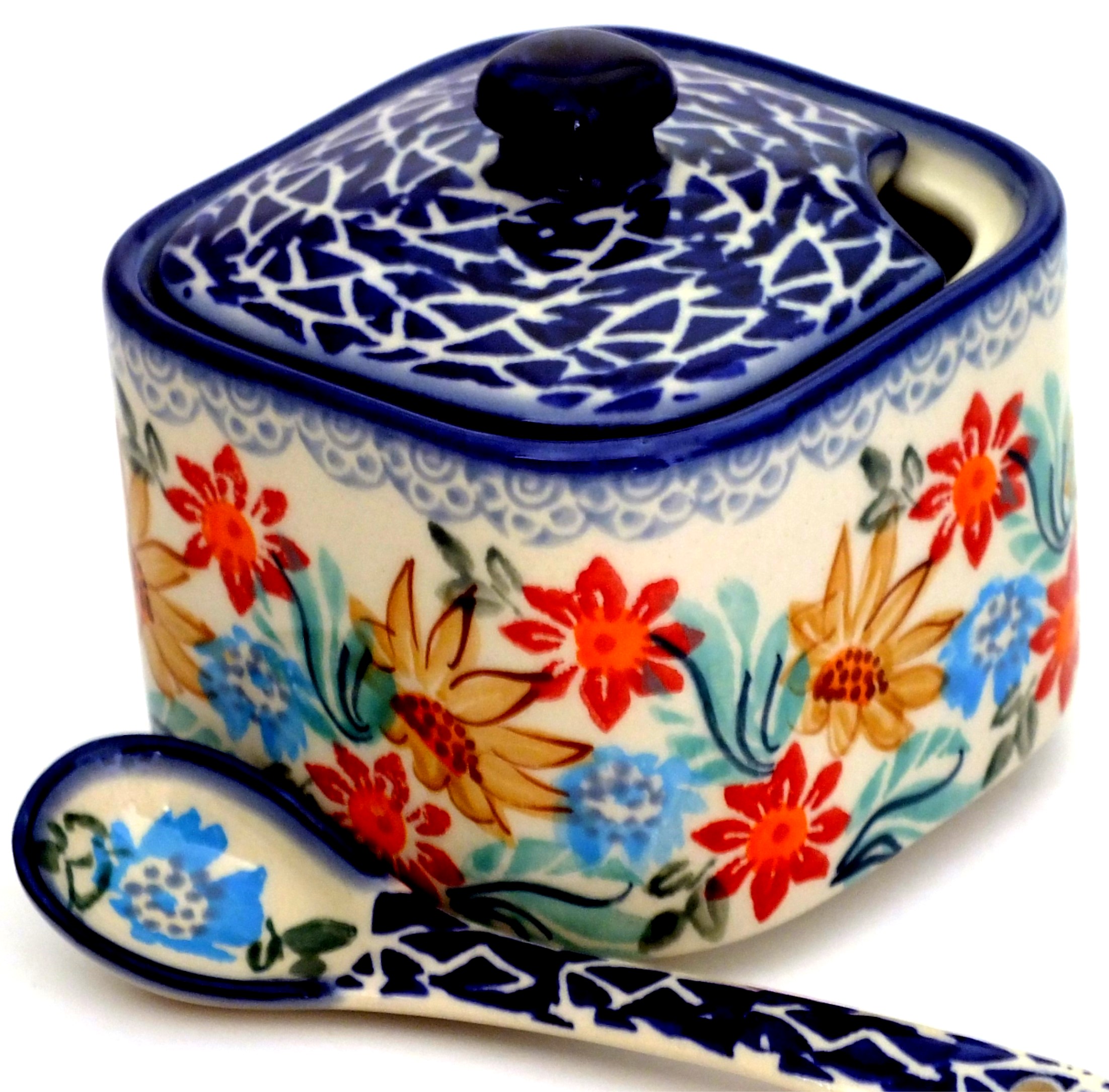 10 oz Square Sugar Bowl with SpoonUnikat Color Palette Polish Pottery