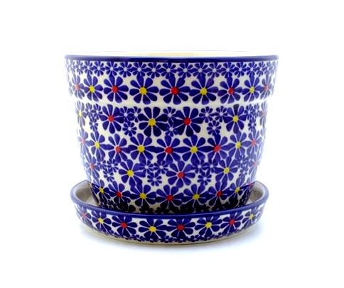UNIKAT Signature Drewbie Pattern! Polish Pottery Large Flower Pot with Saucer 